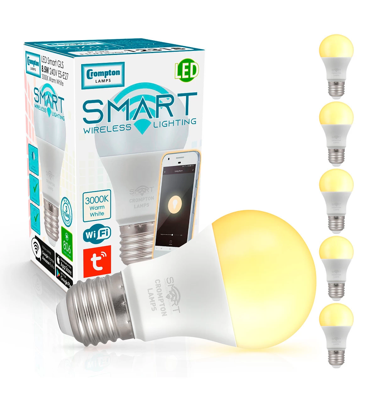 Crompton GLS LED Light Bulb Smart WiFi E27 8.5W (60W Eqv) Warm White 5-Pack 3 Crompton GLS LED Light Bulb Smart WiFi E27 8.5W (60W Eqv) Warm White 5-Pack
