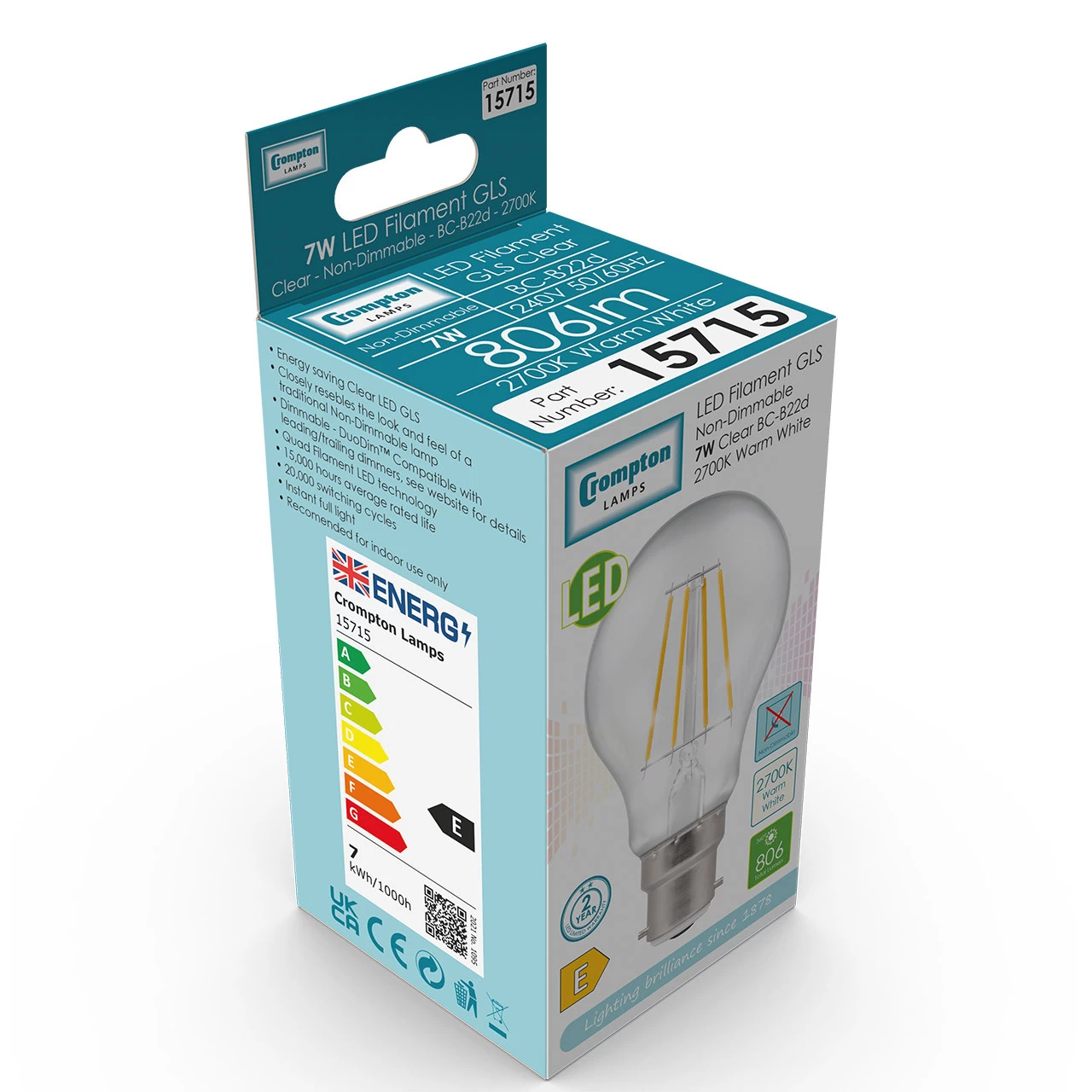 Crompton GLS LED Light Bulb B22 7W (60W Eqv) Warm White 10-Pack Filament Clear 6 Crompton GLS LED Light Bulb B22 7W (60W Eqv) Warm White 10-Pack Filament Clear - Image 4