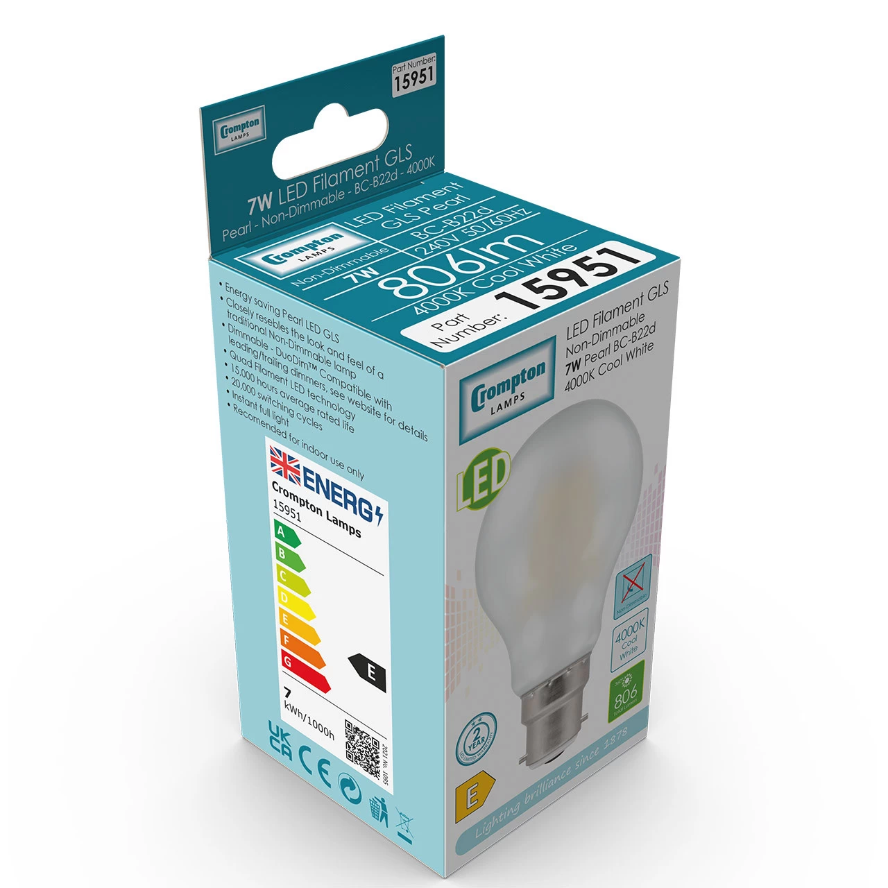 Crompton GLS LED Light Bulb B22 7W (60W Eqv) Cool White 10-Pack Filament Pearl 6 Crompton GLS LED Light Bulb B22 7W (60W Eqv) Cool White 10-Pack Filament Pearl - Image 4