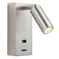 Firstlight Clifton LED Wall Spotlight 3W With USB Port And On/Off Switch Warm White Brushed Steel