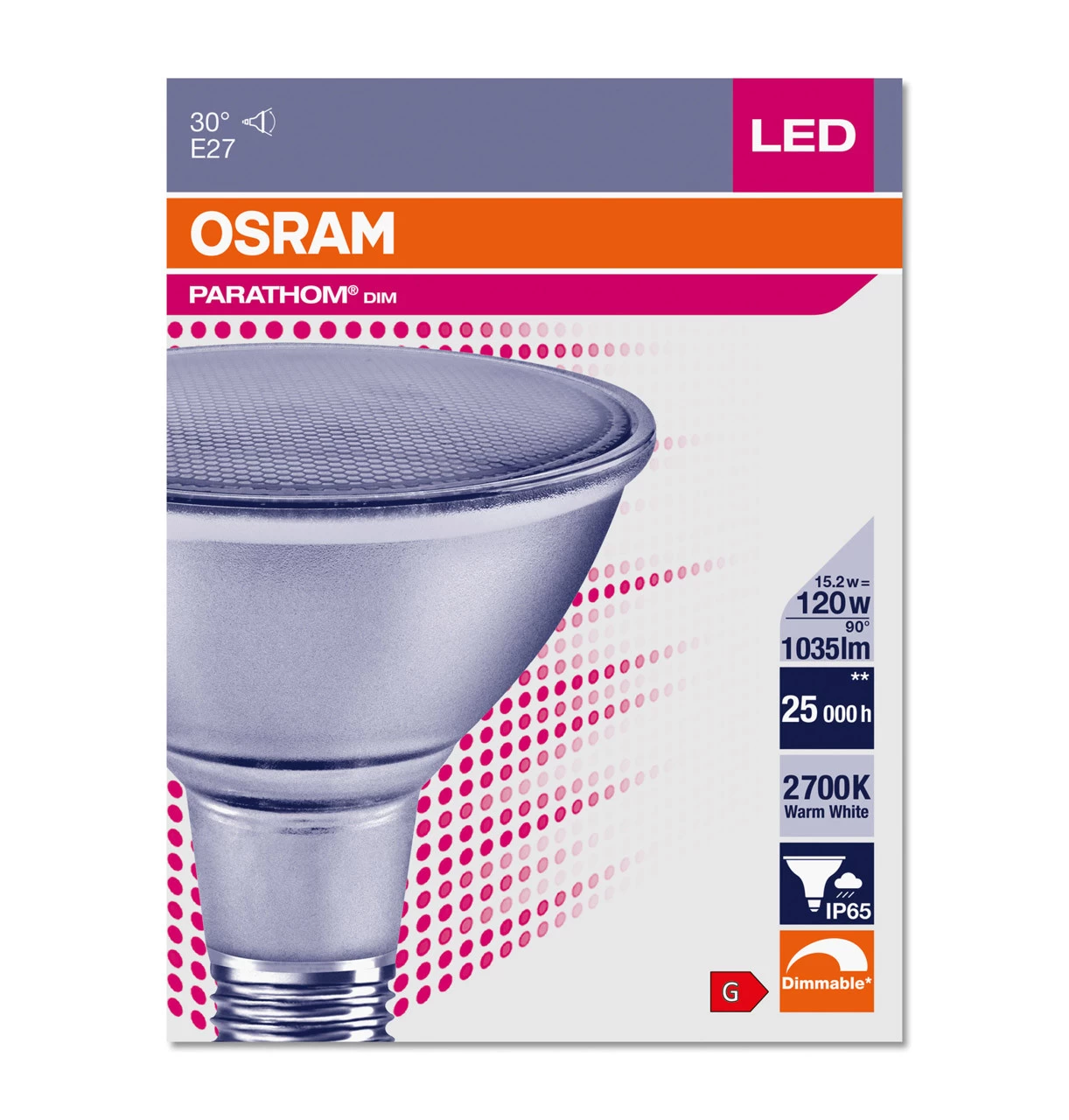 Osram LED IP65 PAR38 Reflector 15.2W E27 Dimmable Parathom Warm White 30° - Image 3
