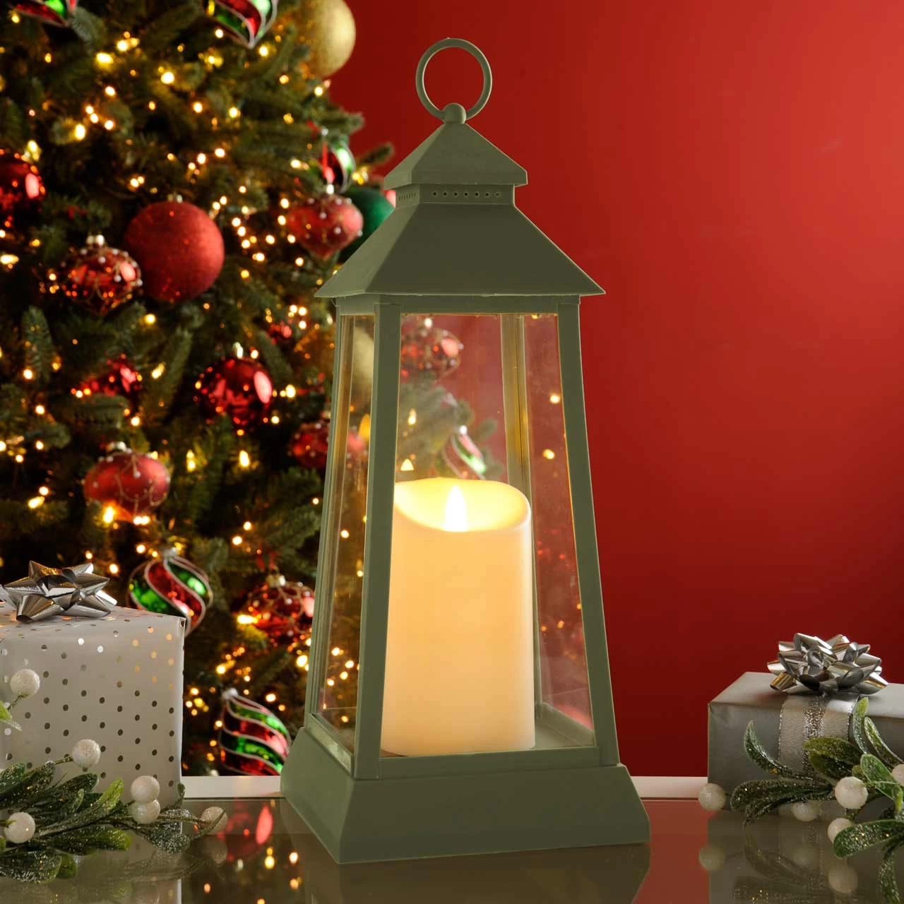 Festive 42cm Green Lantern With Battery Operated Candle 3 Festive 42cm Green Lantern With Battery Operated Candle