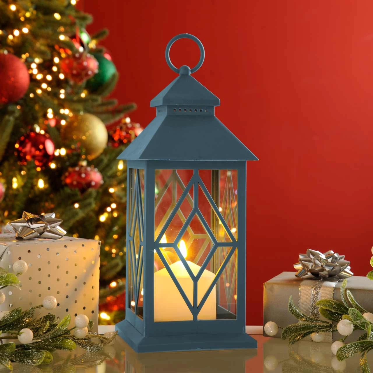 Festive 31cm Blue Deco Lantern With Battery Operated Candle 3 Festive 31cm Blue Deco Lantern With Battery Operated Candle