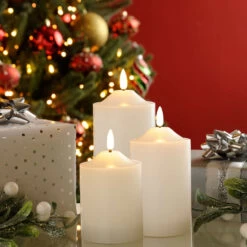 Festive Battery Operated Wax Firefly Pillar Candles With Timer White Pack Of 3