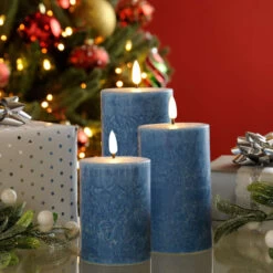 Festive Battery Operated Wax Firefly Pillar Candles With Timer Blue Pack Of 3