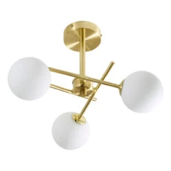 Spa Lindos 3-Light Semi-Flush Ceiling Light Opal Glass And Satin Brass
