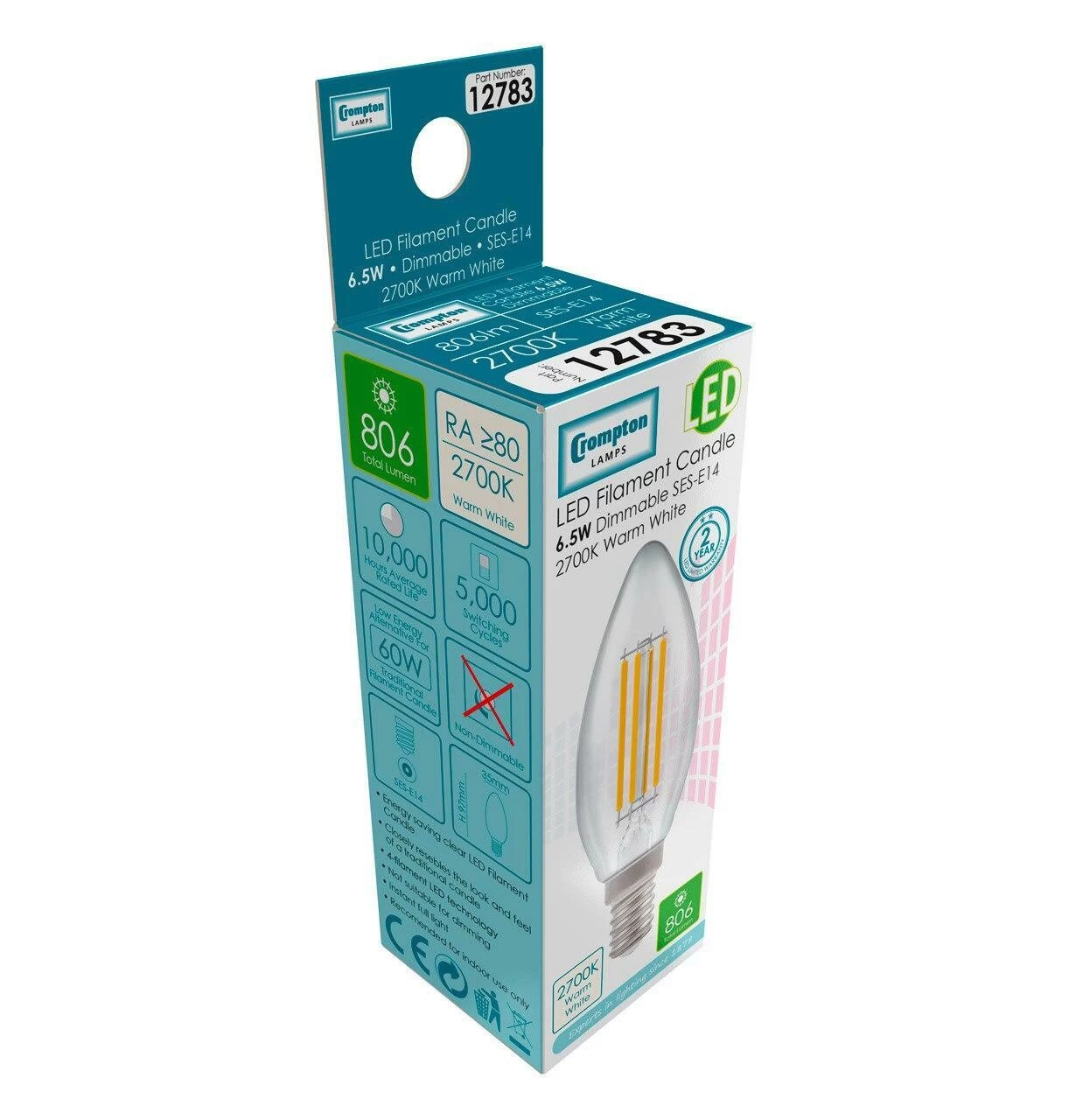 Crompton Candle LED Light Bulb E14 6.5W (60W Eqv) Warm White Filament Clear 5 Crompton Candle LED Light Bulb E14 6.5W (60W Eqv) Warm White Filament Clear - Image 3